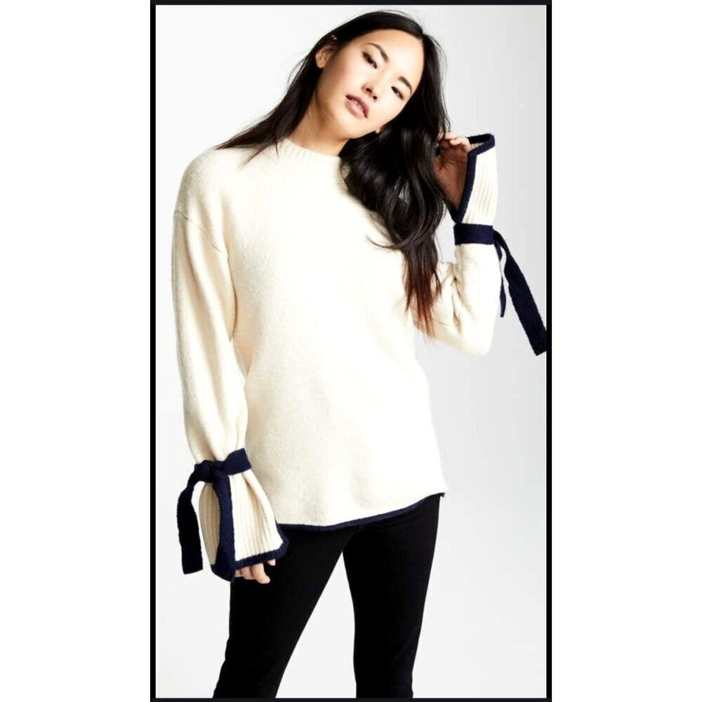 JOA Sweater‎ Women Small Ivory Navy Blue Trim Knit Hi Low Tie Sleeve Sweater